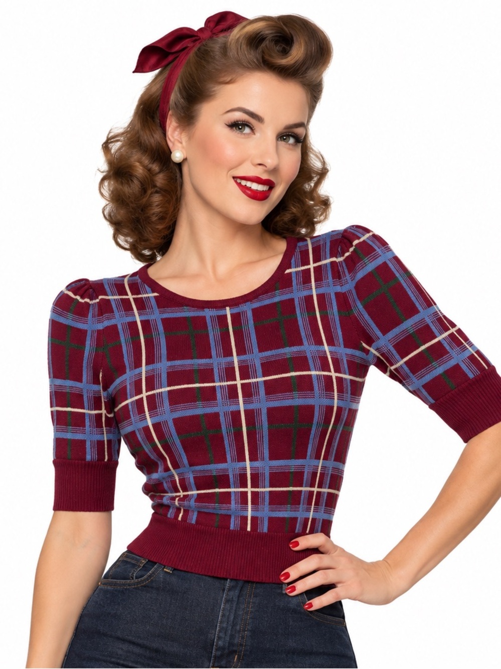Collectif Sweater Size 2, XXS Chrissie Wine Check Jumper Short Sleeve